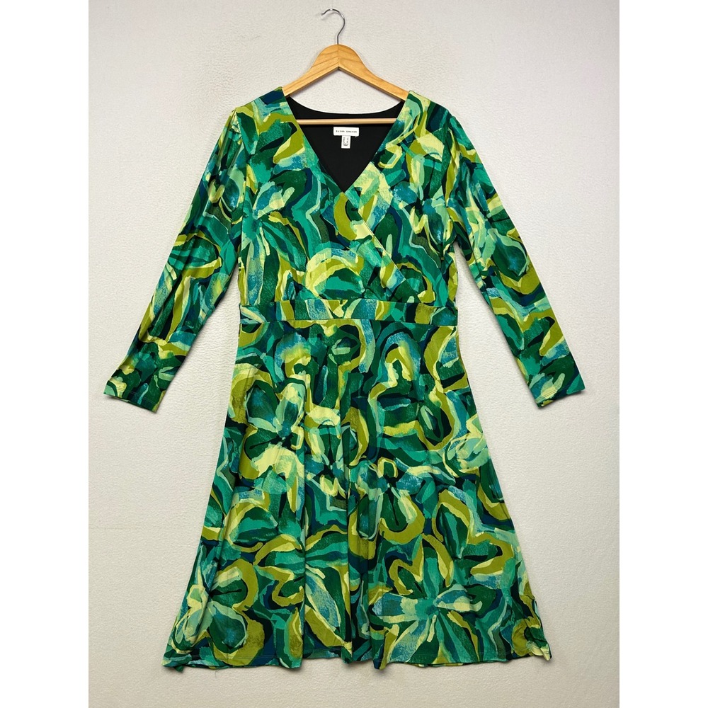 Abstract Art Susan Graver Womens Large Green Blue Faux Wrap Liquid Knit Dress